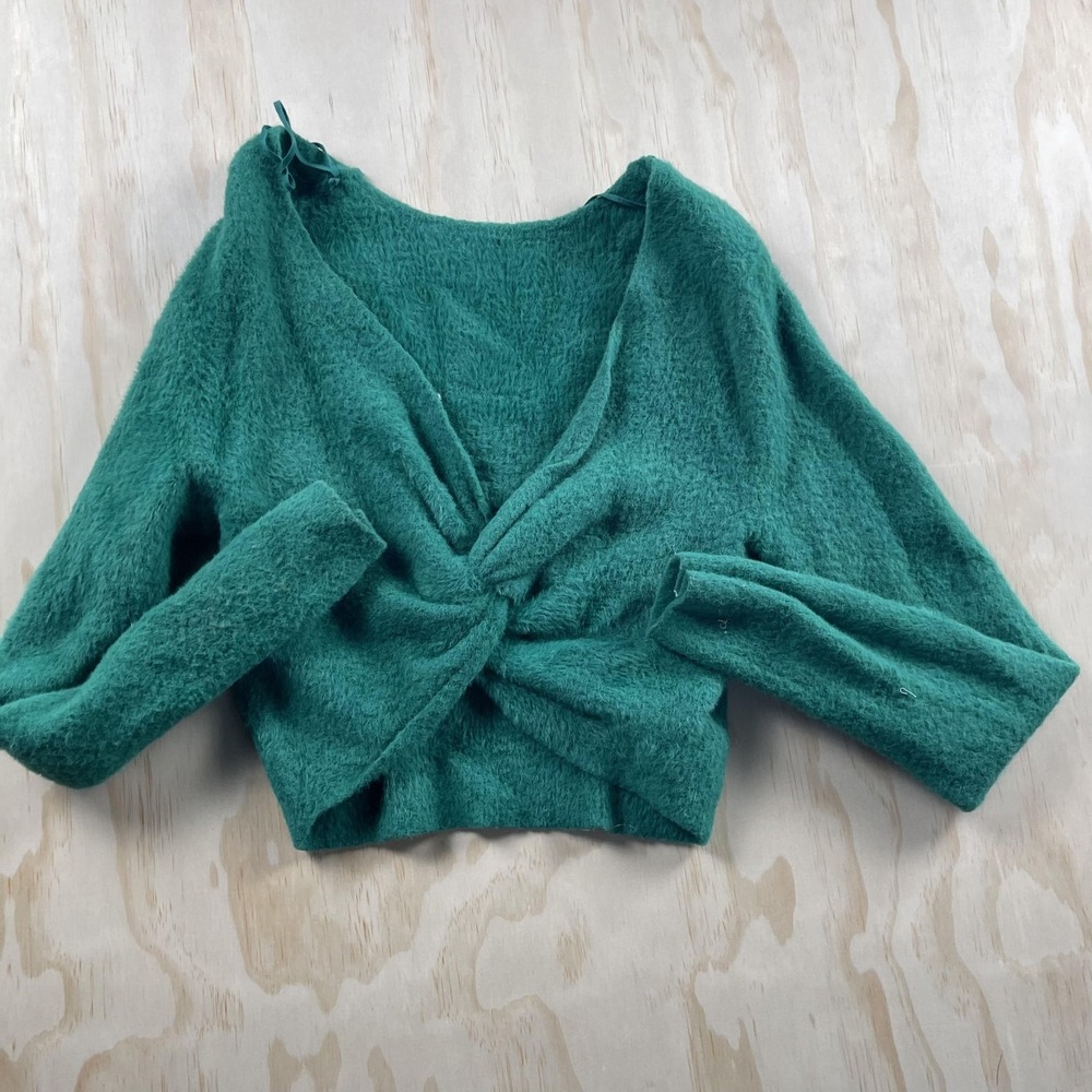 Aerie Sweater Womens XL Green Fuzzy Knit V‎ Neck Twist Front Cropped Pullover
